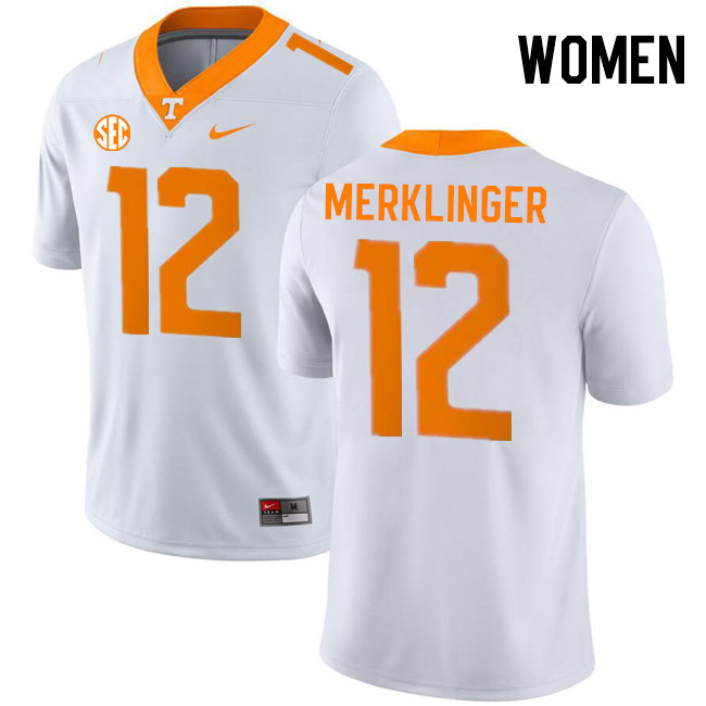 Women #12 Jake Merklinger Tennessee Volunteers College Football Jerseys Stitched-White